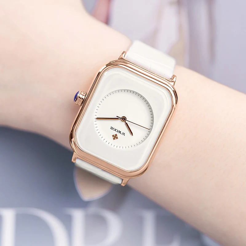 

Fashion Women Watches 2021 WWOOR White Leather Minimalist Rectangle Ladies Quartz Dress Wristwatch Relogio Feminino Montre Femme