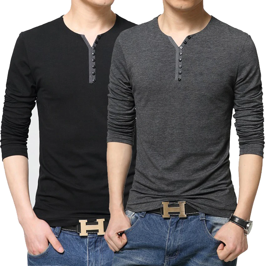 Мужская хипстерская Футболка с воротником Генри однотонная приталенная уличная