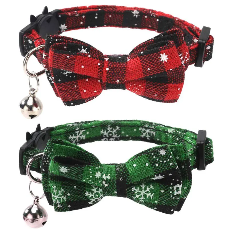 

2 Pack/Set Christmas Cat Collar Breakaway with Cute Bow Tie and Bell for Kitty Adjustable Safety Plaid Adjustable Collar