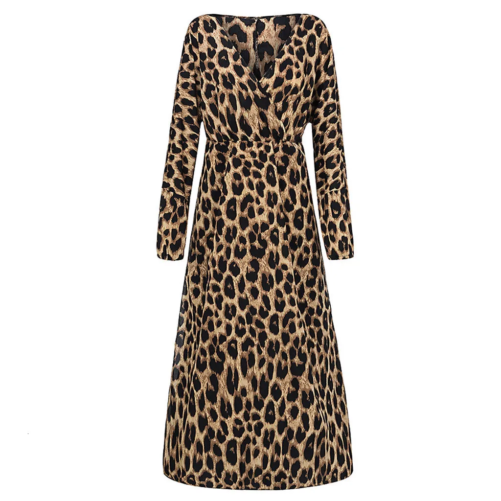 Mode Luipaard Print V-hals Lange Mouwen Split Jurk Vrouwen Herfst Winter Elegante Sexy Vestidos Plus Size 2019 z0805 | Женская одежда