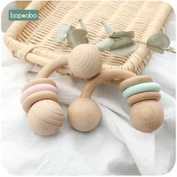 bopoobo 1pc wooden rattle hand teething wooden ring bending beads play gym bpa free baby toys beech montessori toy baby rattles