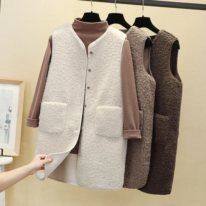 

2022 Winter Long Vest Jackets Lamb Wool Thicken Waistcoat Women Button Up Single Breasted Outwear Sleeveless Coat Garment Y221