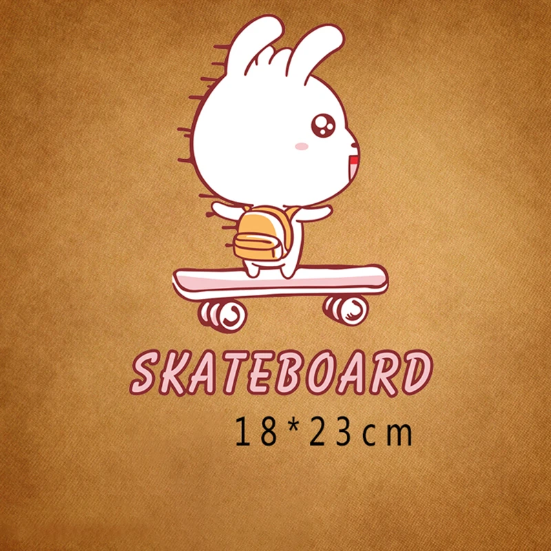 

1PCS Cartoon Cute Bunny Skateboard Rabbit Patch Heat Transfer Iron On Transfer For Clothes Badge Ironing Stickers Applique