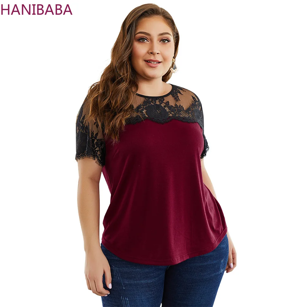 HANIBABA Новая модная футболка Черная ажурная печатная кружевная строчка