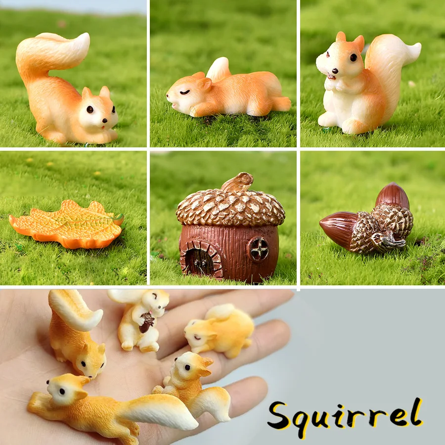 Artificial Forest Animal Squirrel Family Fallen Leaves Pine Cones House Resin Craft Miniature DIY Fairy Garden Accessories Gift