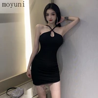 sexy cross halter fringe black dress 2021 summer temperament waist controlled slimming hip spaghetti straps dress for women