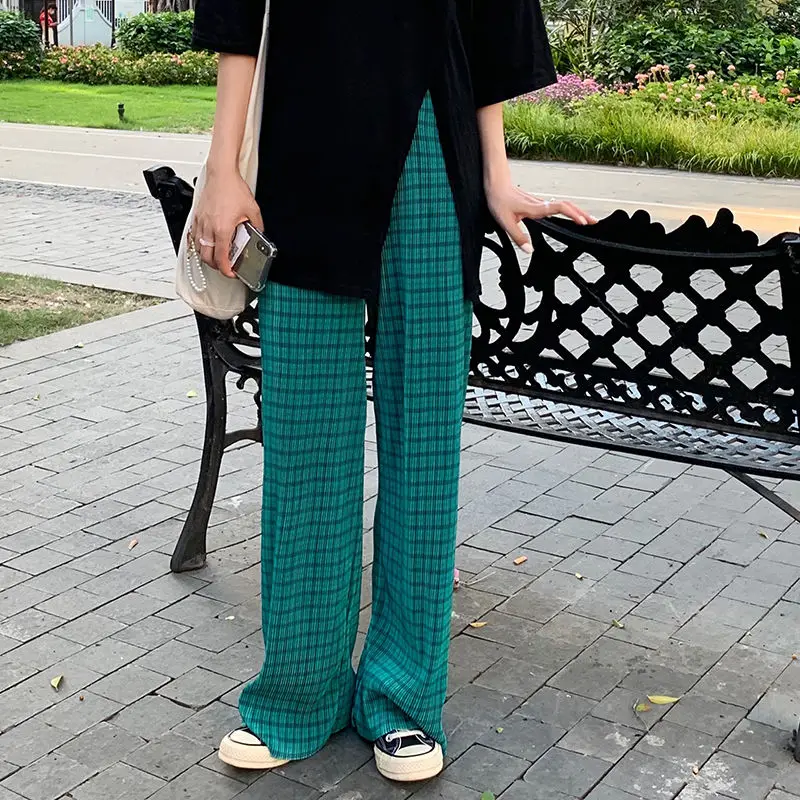 

2021 green plaid wide-leg pants women's summer high-waist drape casual pants loose thin straight-leg pants mopping pants
