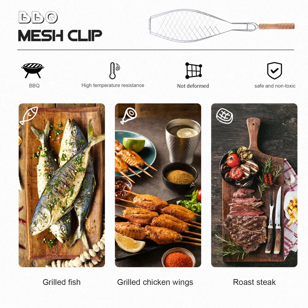 

2 Pcs Metal Non-stick Mesh Clip Wooden Handle Grilled Fish Barbecue Clip BBQ Net Outdoor Barbecue Tool for Camping Picnic (Handl