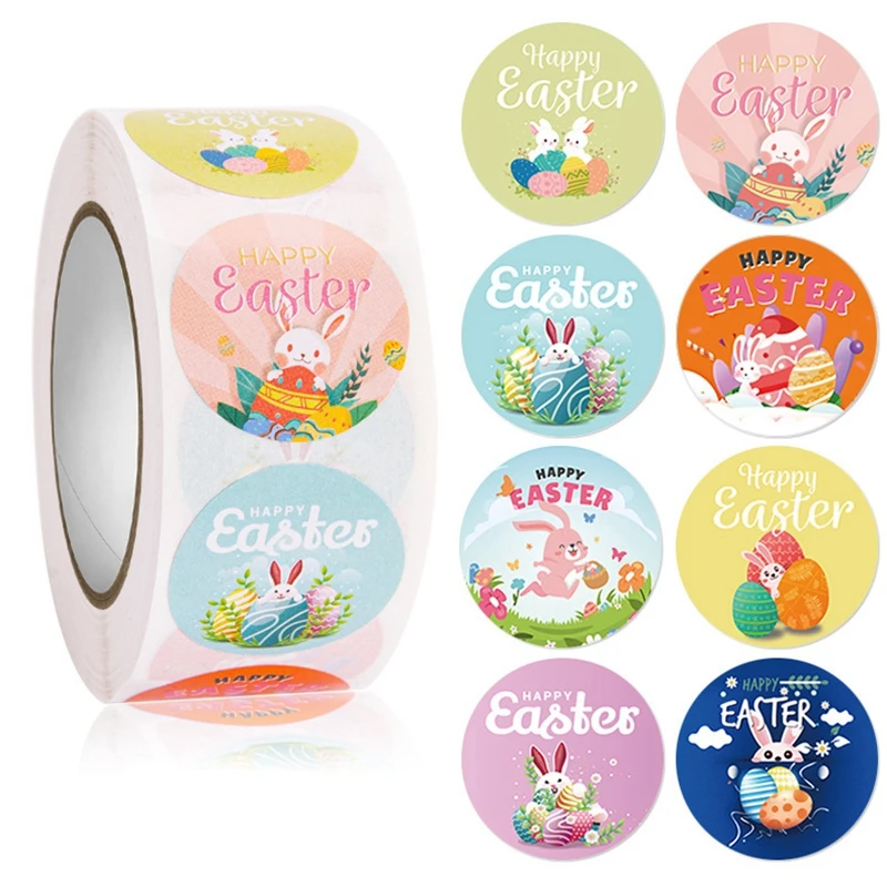 Happy Easter Stickers Cartoon Cute Bunny Painted Eggshell Rabbit Seal Label Gift Tag Chrome Paper Package DIY Cookie Bag Decor