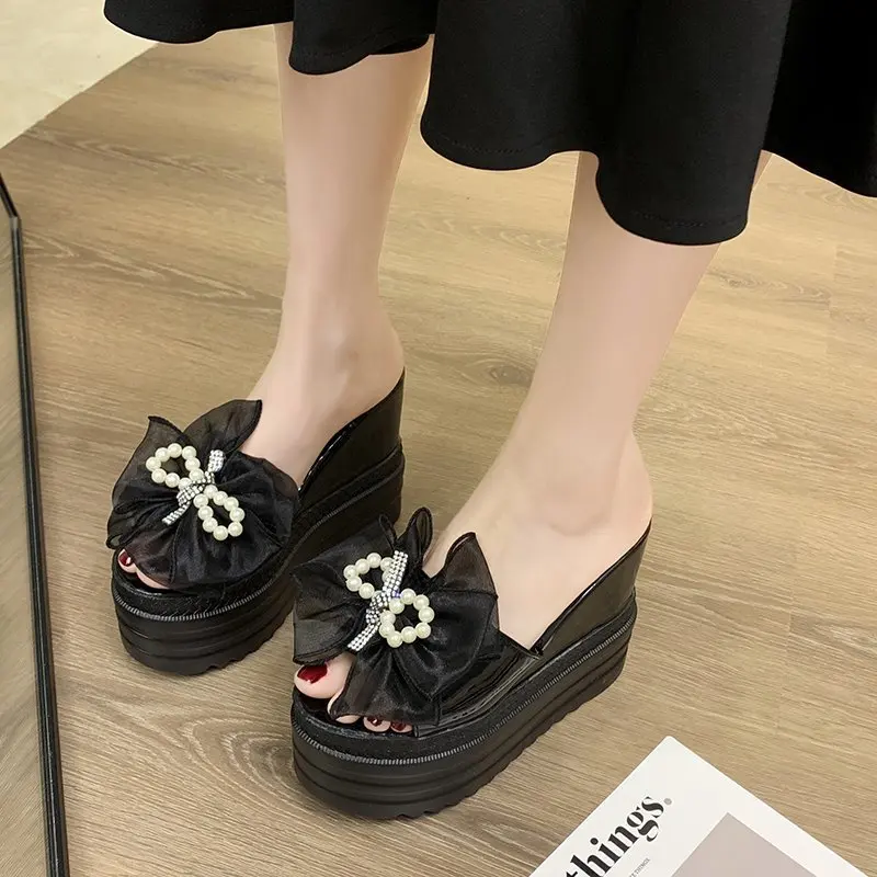 

On A Wedge Slippers Casual Flower Women's Shoes With Platform Heeled Mules Pantofle Slides Luxury High 2021 Summer Fabric PU Flo