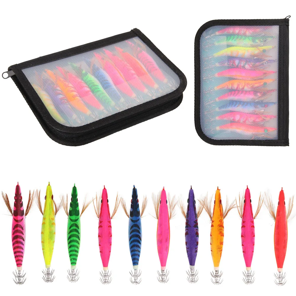 

10Pcs Fishing Lure Lead Sinker Squid Jig Hook Wooden Shrimp Artificial Fishing Lures Octopus Cuttlefish Shrimp Hard Fishing Bait