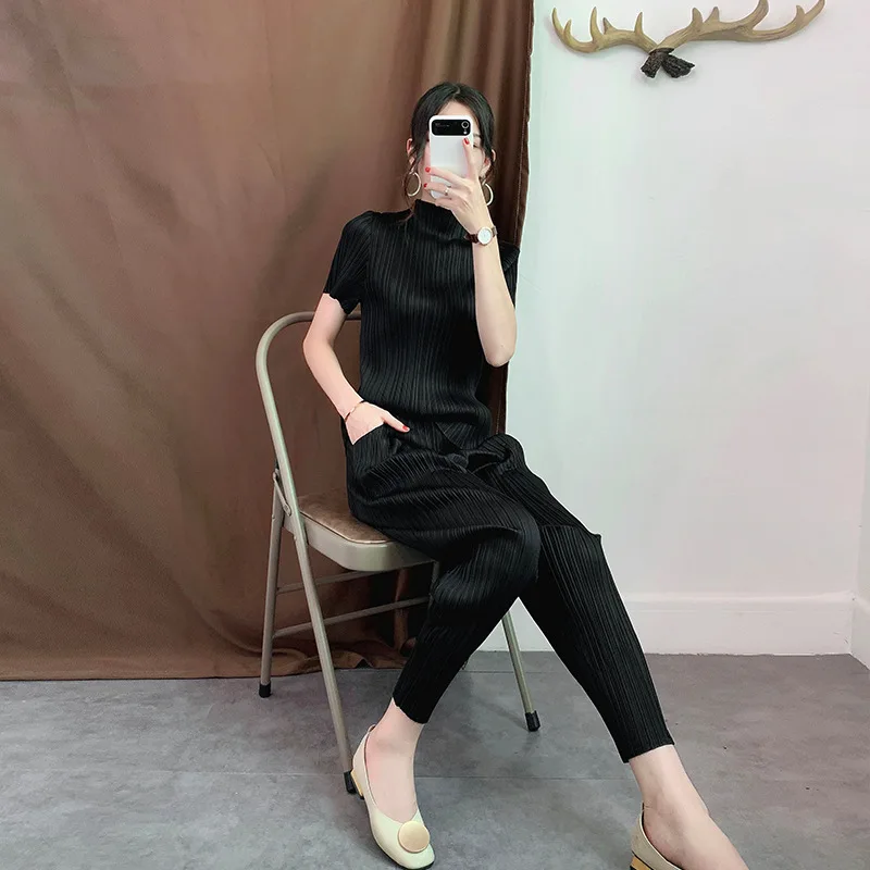 Miyake морщин карандаш брюки Твердые Короткие Свободные плиссированные эластичный