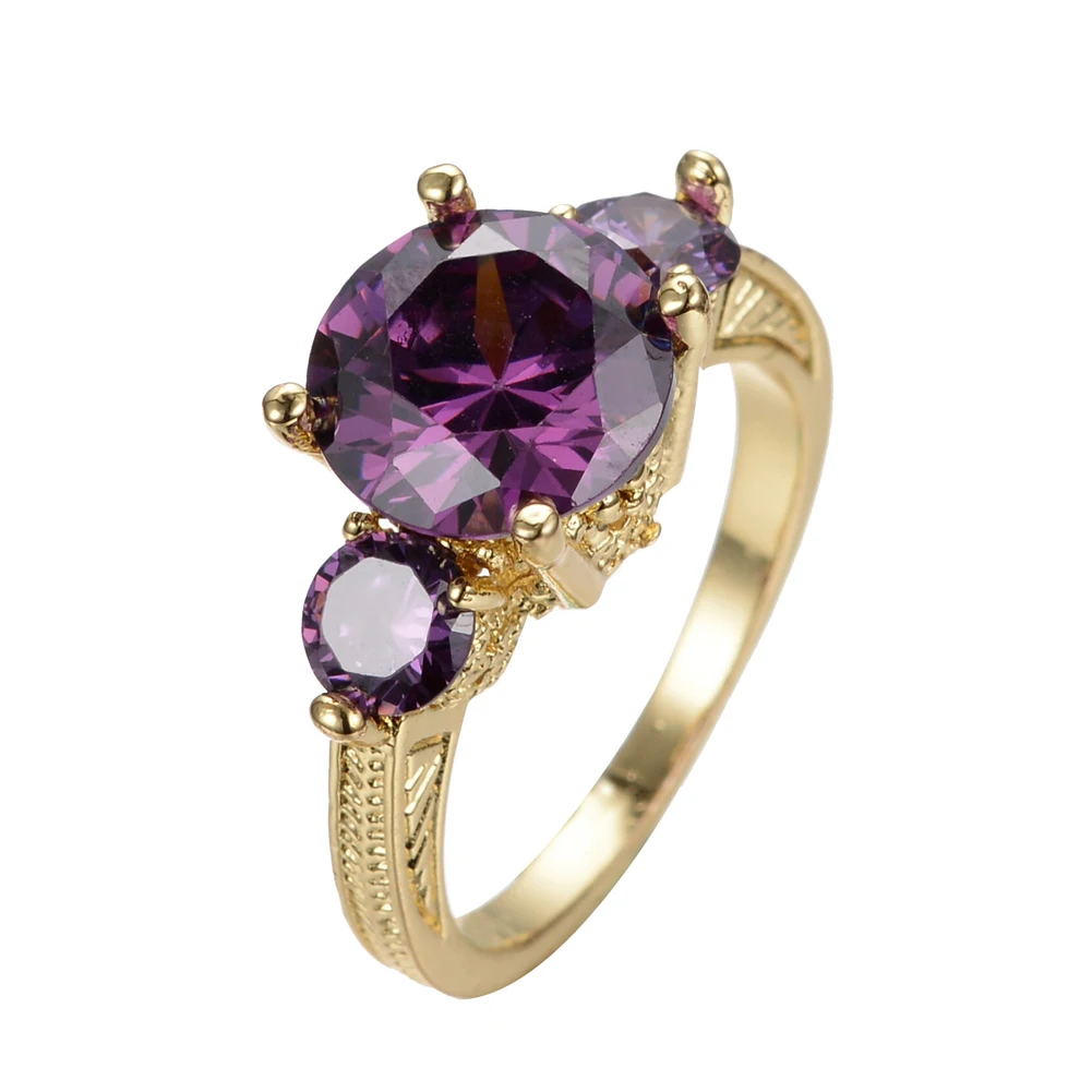 

Elegant Female Purple Crystal Stone Ring Yellow Gold Color Wedding Rings For Women Vintage Big Bride Round Engagement Ring