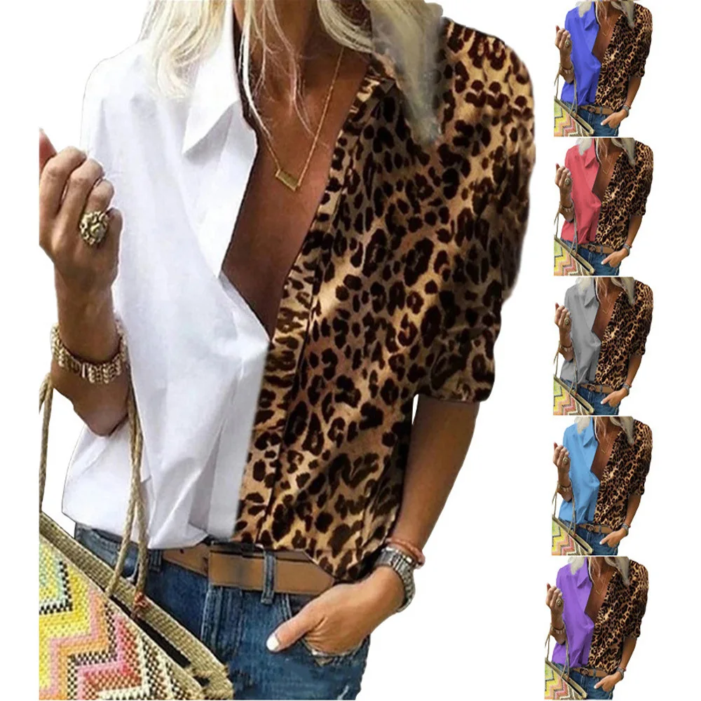 

Women's Leopard Print Loose-fitting Shirt Long-sleeved Chiffon Shirt Color Contrast Turn-down Collar Shirts