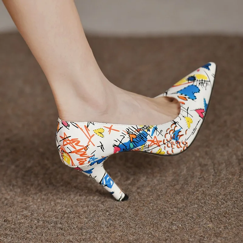 

2022 Large size 43 Women Shoes Colorful Printed Woman Pumps Sexy Stilettos High Heels Leisure Party Work Pointed Toe Women Pumps
