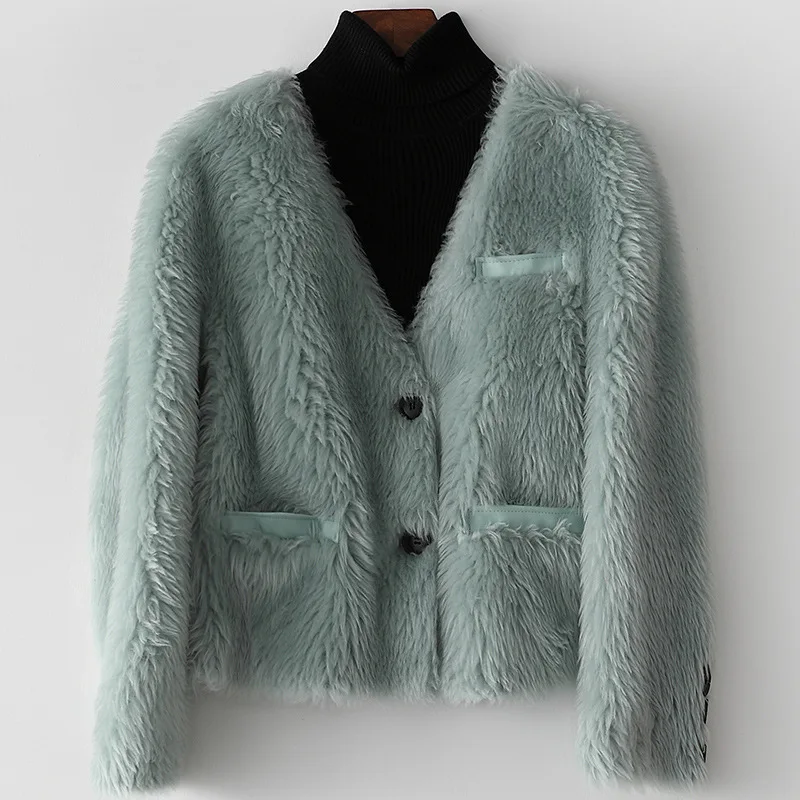 Winter Slim Women Wool Fur Coat Fashion Short Cashmere Jacket Simple Multicolor Options Sexy V-Neck Pocket Female Warm Clothes