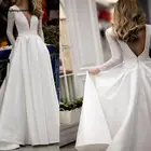 Блестящее атласное свадебное платье цвета слоновой кости, с V-образным вырезом, открытой спиной и длинным рукавом, свадебное платье с карманами, простое свадебное платье для невесты, весна и осень