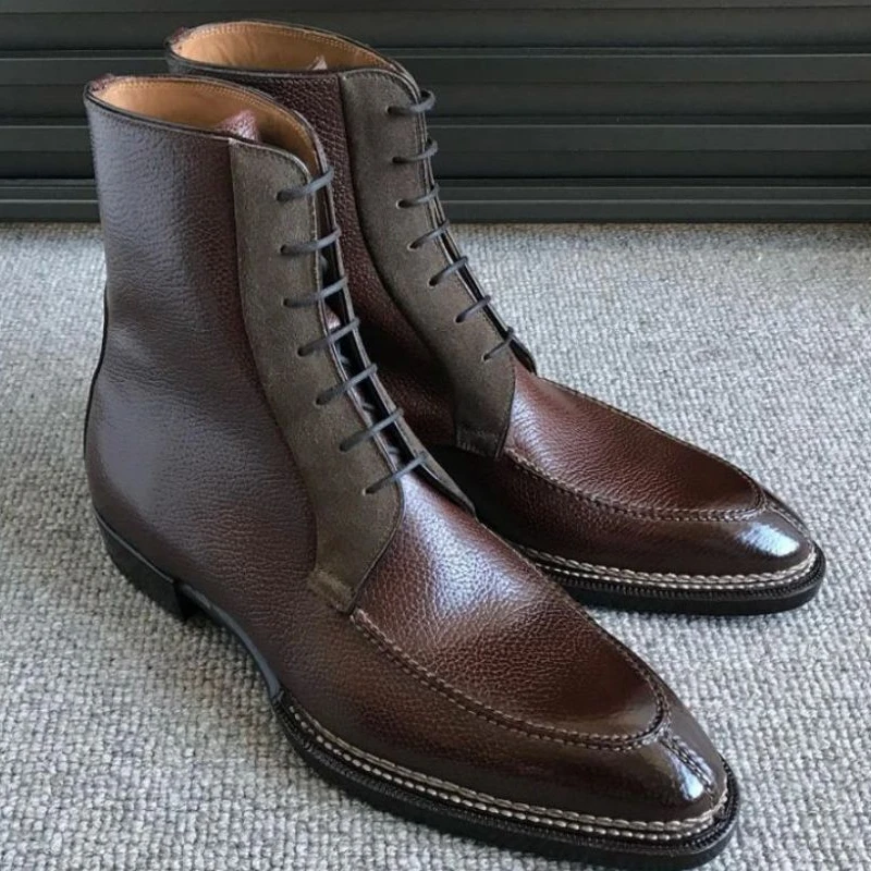 

Business Dress Martin Boots Men PU Leather Stitched High Top Classic Ankle Boots Low Heel Pointed Lace Up Dress Boots 5KE514