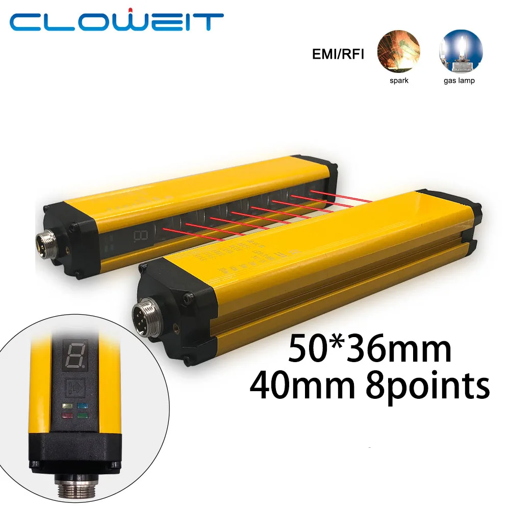 

Cloweit 8 Beams 40mm Protection Infrared Safety Light Curtains LED Digital Display Safe Area Photoelectric Sensor 50*36