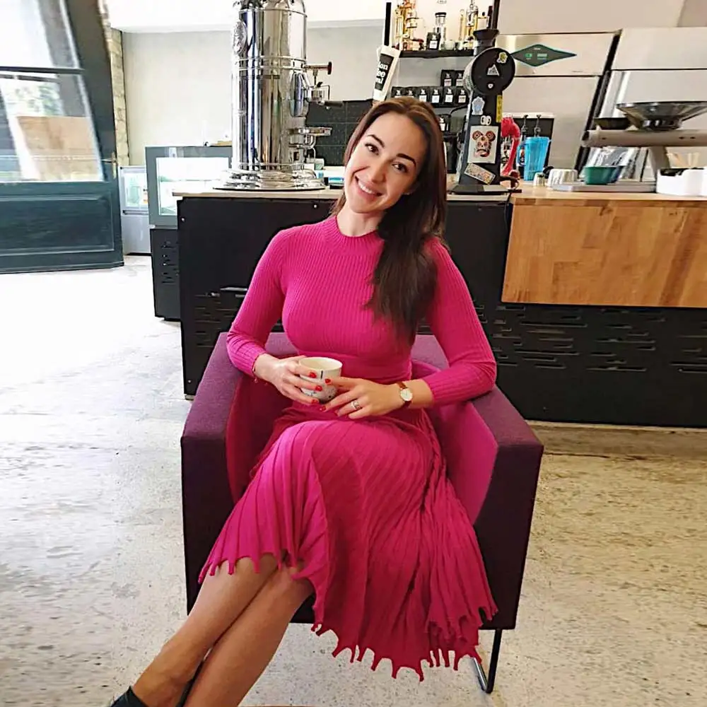 Julissa mo винтажное трикотажное платье-свитер женское розовое элегантное Плиссированное зимнее платье с длинным рукавом Женские вечерние рождественские платья - Цвет: Фуксия