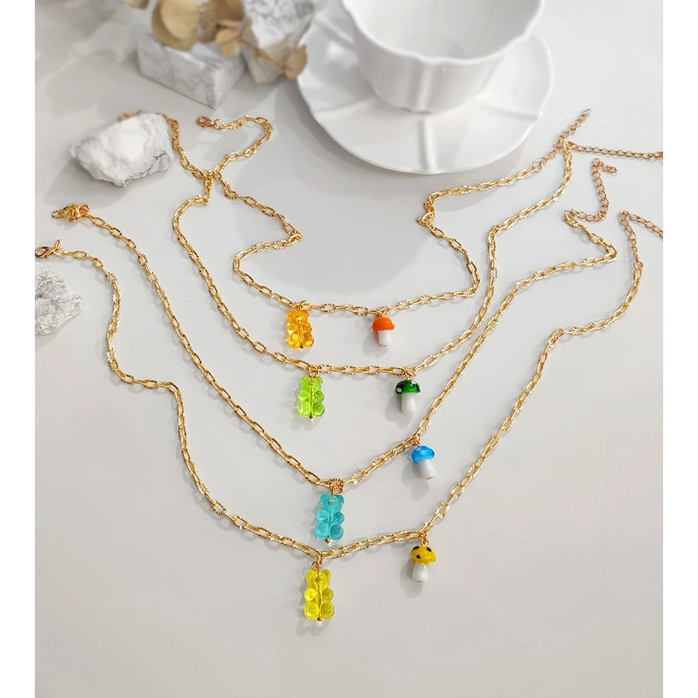 

Colorful Cartoon Gummy Bear Mushroom Metal Link Chain Necklace For Women Girls Fashion Cute Jelly Bear Necklaces New Y2k Jewelry