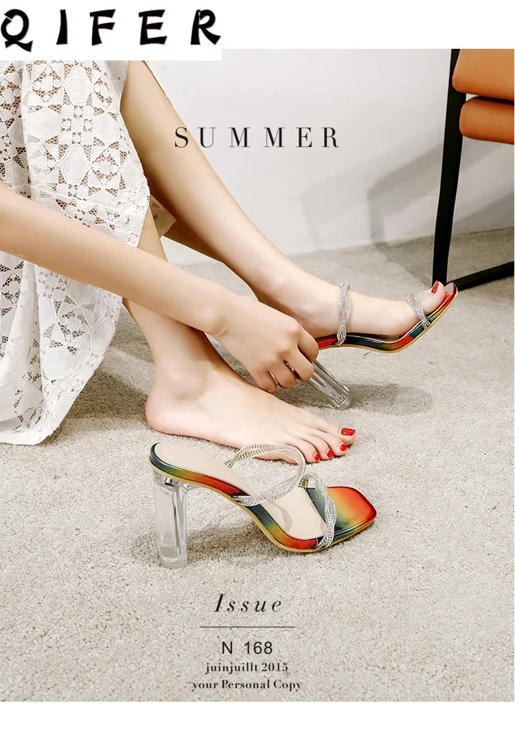 

Newly 2020 Summer Sexy Rainbow colors Transparent Women's Slippers Crystal Thick High Heels woman Sandals Casual Ladies Shoes