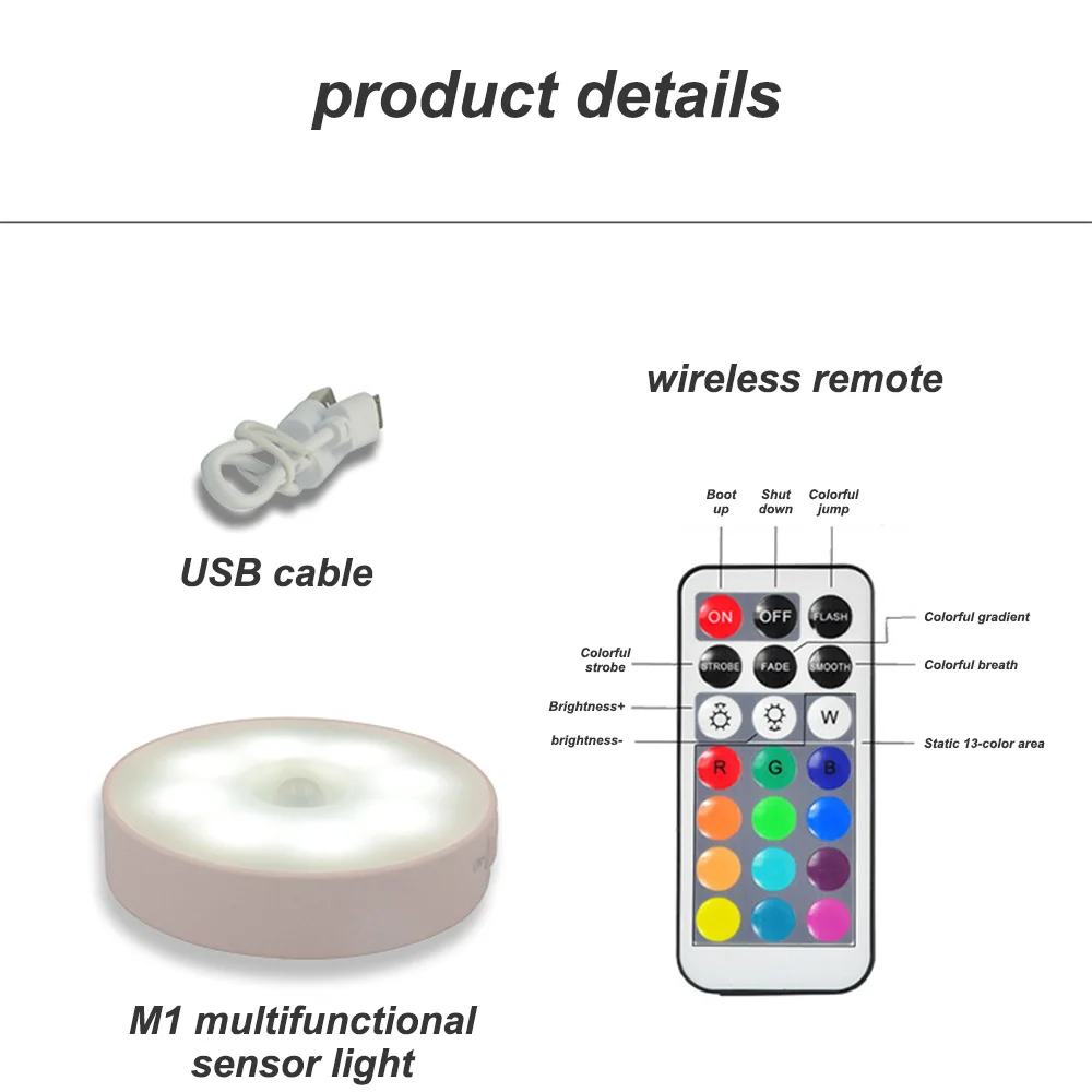 

2021 New LED Night Light Motion Sensing RGB Night Light USB Charging Remote Control Colorful Atmosphere Light Bedroom Lighting