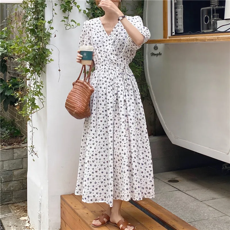 

Floral Print Summer Dress Women V-Neck Short Puff Sleeve Korean Party Dress Lace Up Cotton Long Midi Dress A-Line French