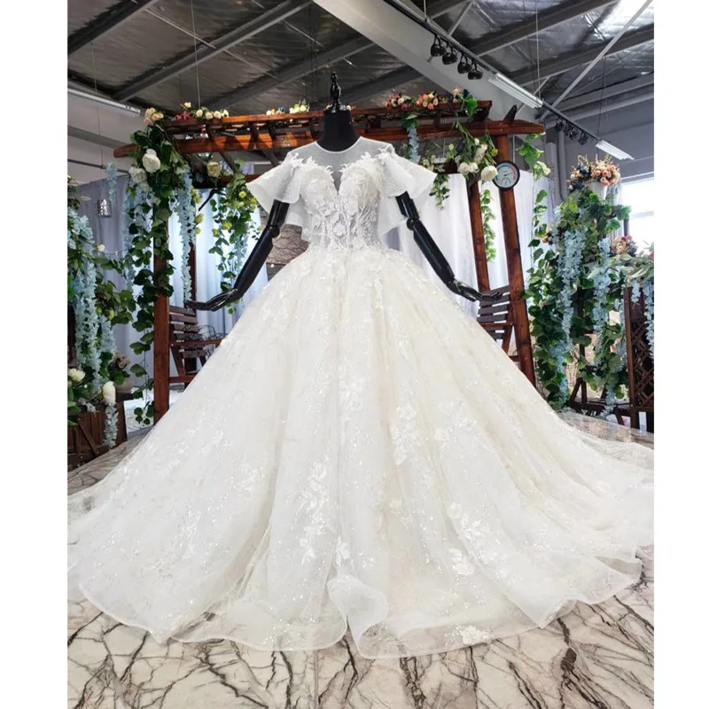 

BGW HT41713 Ivory Princess Wedding Dress Illusion O-neck Short Sleeves Corset Wedding Gown With Train Vestido De Noiva Plus Size