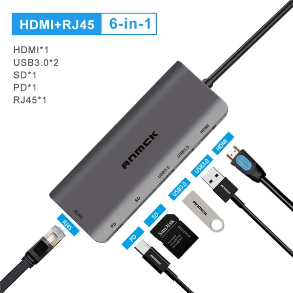 Anmck USB C HUB USB to Multi HDMI USB 3.0 RJ45 Carder Reader OTG Adapter USB Splitter for MacBook Pro Air USB Dock Type C HUB - Цвет: 6 in 1 hub