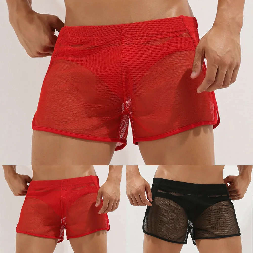 Summer Mesh Men UnderwearSeamless Transparent Boxer Shorts Sexy Lingerie See-through Loose Nightwear Men's Stretchy Lounge Pants