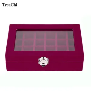 Бархатные посылка катулки для ювелирных украшений с 24 ячейками и стеклянной крышкой, органайзер для хранения колец, серег, ювелирных украшений