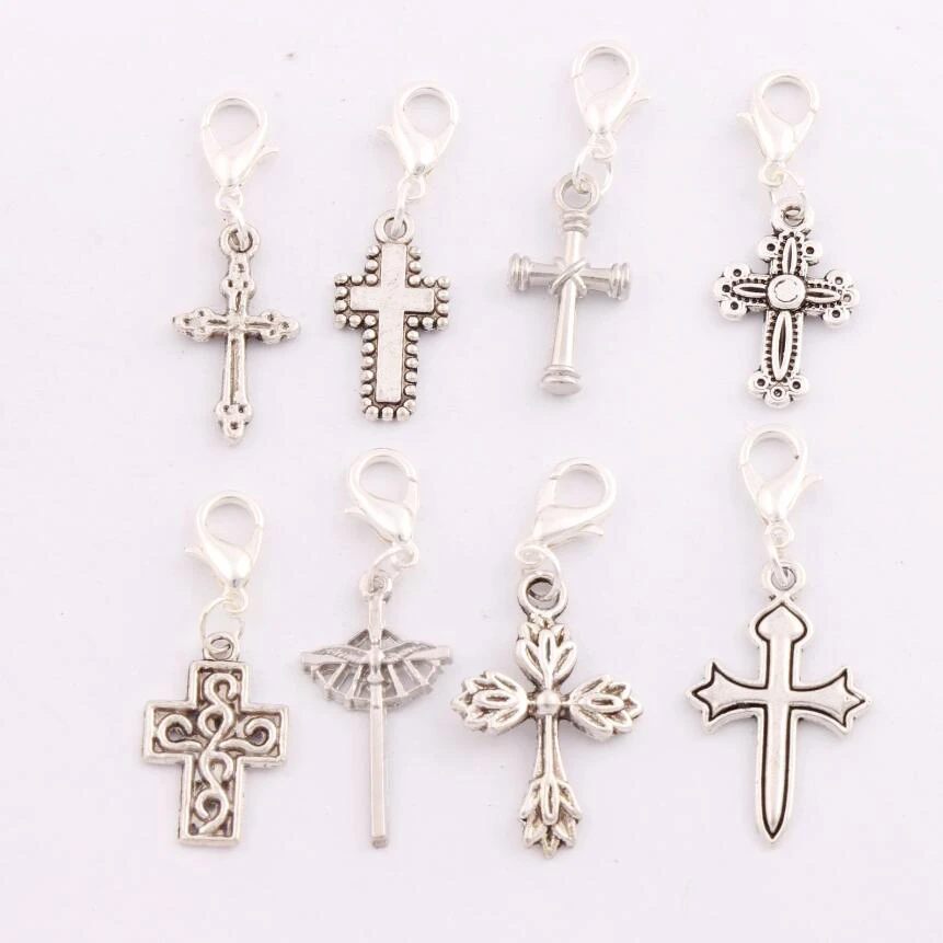 

Crucifix Cross Religious Clasp European Lobster Trigger Clip On Charm Beads CM9 24pcs 8styles Zinc Alloy