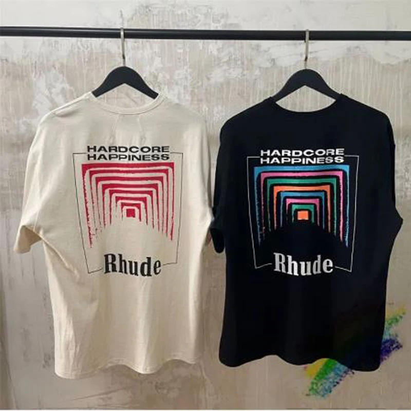 

Oversize Rhude BOX PERSPECTIVE T-shirt Men Women Vintage 1:1 High Quality RHUDE Color Logo Print Tops Tees