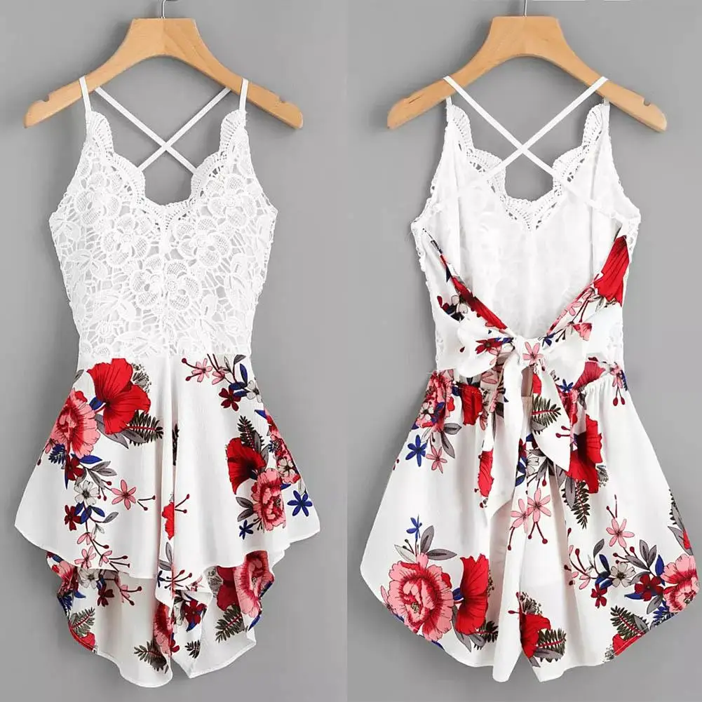Летний женский кружевной комбинезон без рукавов с цветочным принтом и открытой