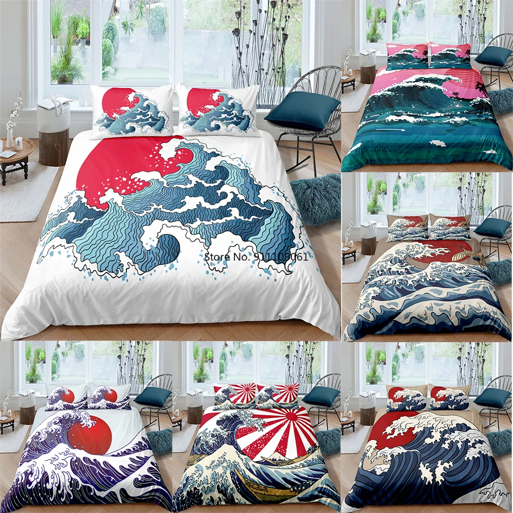 Японский роскошный комплект постельного белья с морским волнистым пейзажем