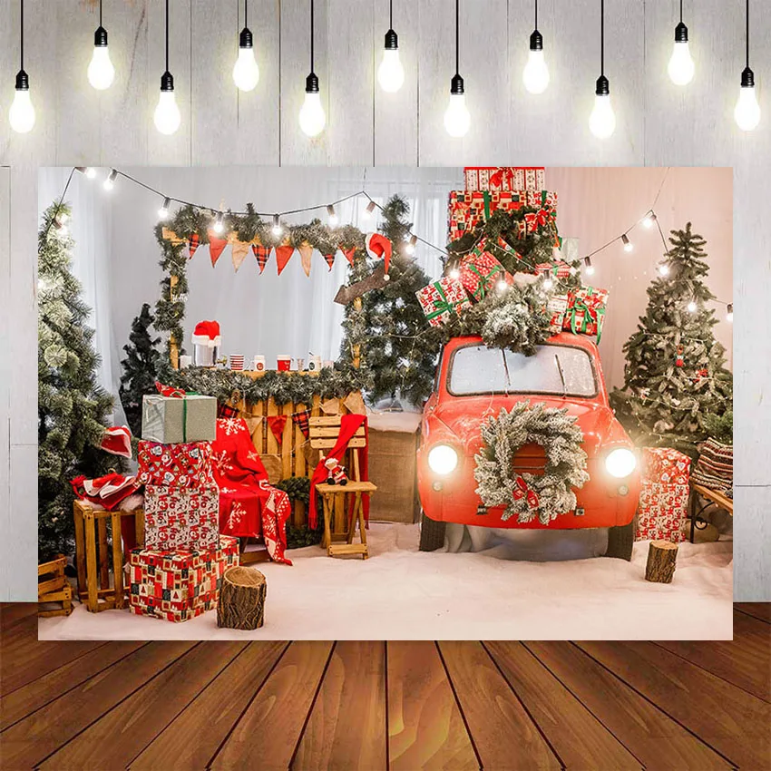 Фон для фотосъемки зимняя Снежинка Рождественская елка красный автомобиль