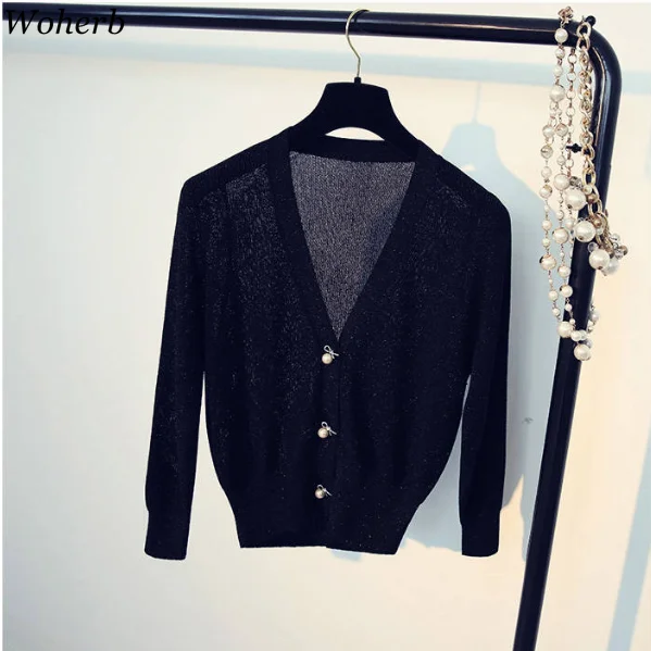black cardigan Woherb осенний женский кардиган модный тонкий женский вязаный свитер корейский v-образный вырез Sueter Mujer длинный рукав свитер пуговицы - Color: black cardigan