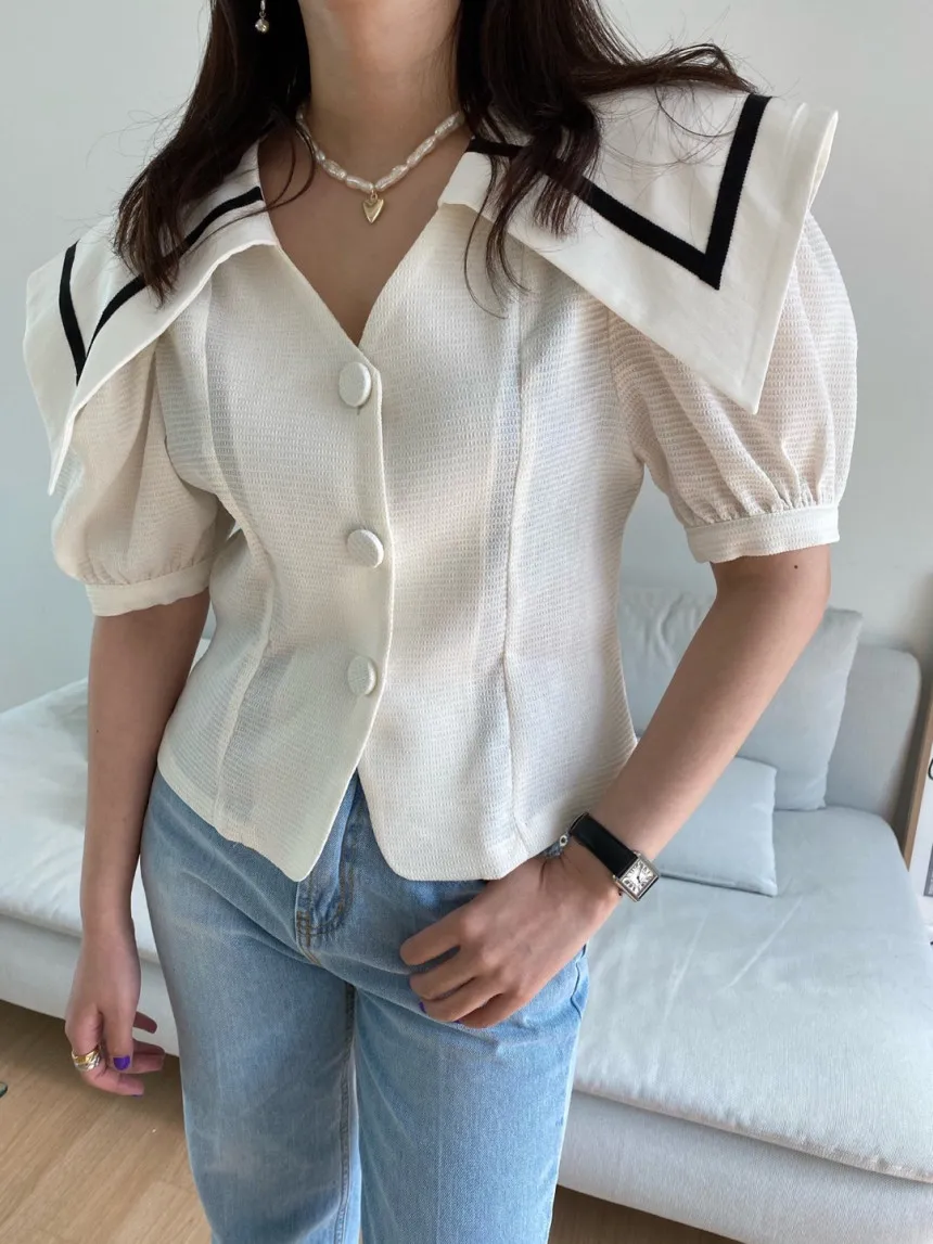 

Korejpaa Women Shirt 2021 Summer Korean Chic Retro Navy Collar Trim Contrast Color Three Button Slim Short Puff Sleeve Blouses