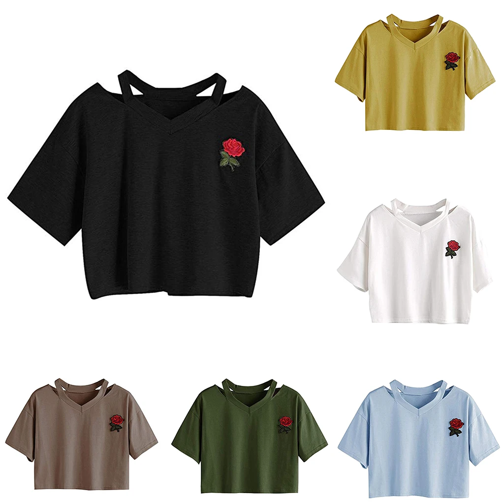 

Женская Сексуальная короткая футболка с вышитой розой и v-образным вырезом для девушек