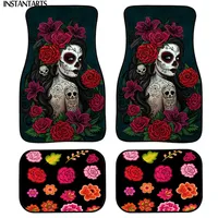 INSTANTARTS Day of the Dead Sugar Skull Design Front and Back Car Floor Mat Non Slip All Weather Rubber Floor Mats for Cars 4pcs