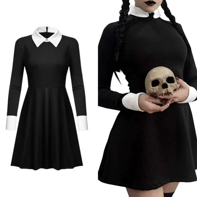 

Movie the Addams Family cosplay costume Wednesday Addams black dress