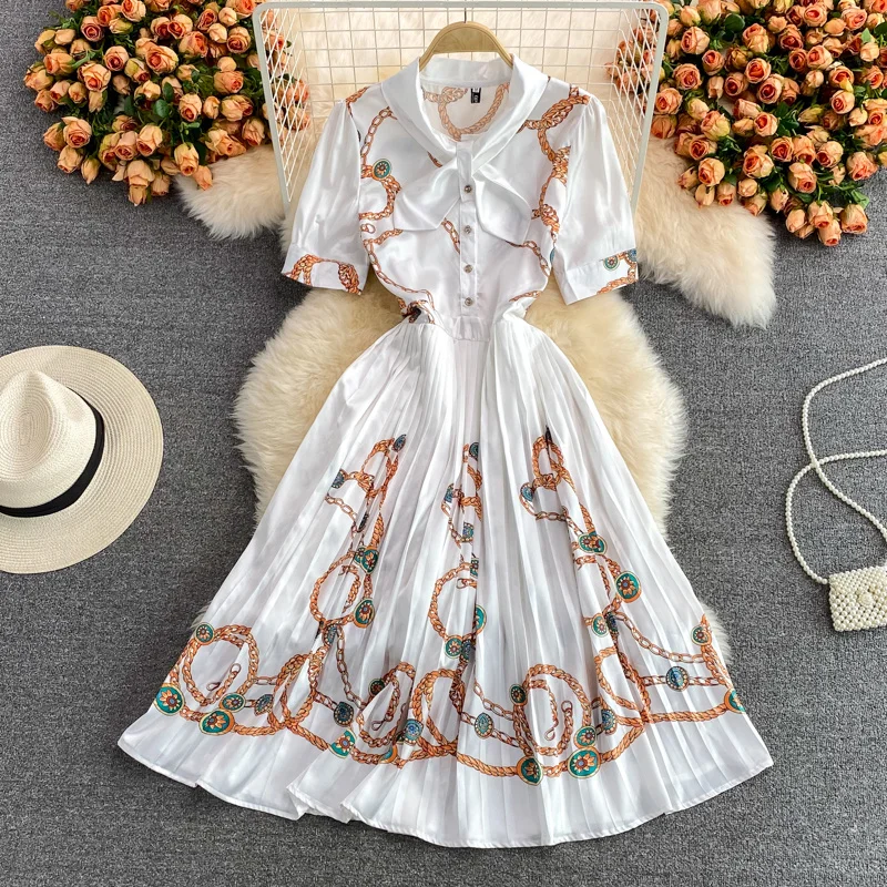 

Женское винтажное платье с коротким рукавом, элегантное белое длинное плиссированное платье с зауженной талией и принтом, лето 2021