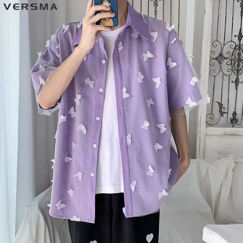 

VERSMA Korean Ulzzang Chic Butterfly Stitch Shirt Men Women Net Yarn Short Sleeve Oversized Top Vintage Shirts Male Dropshipping