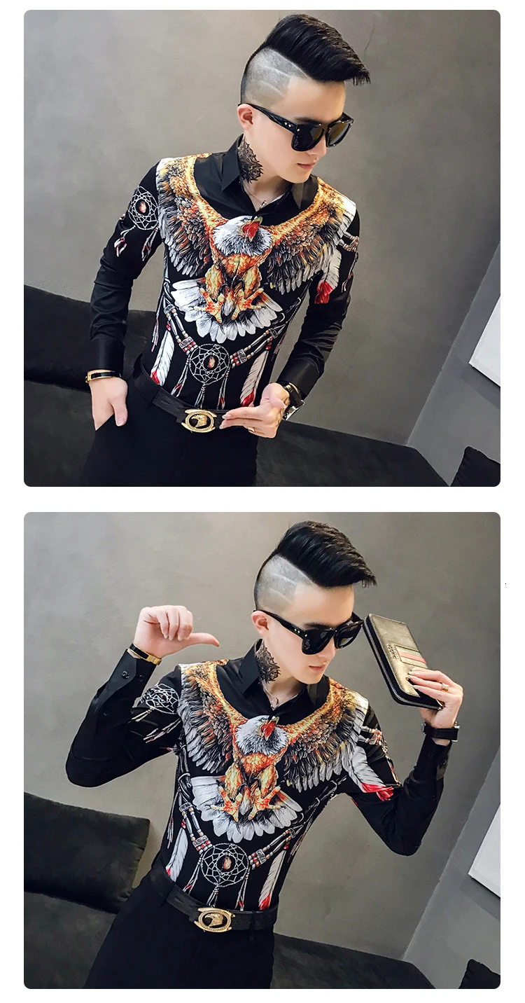 Осенняя мужская Модная приталенная рубашка с коротким рукавом Camisa Masculina, Повседневная Уличная Мужская рубашка с принтом орла