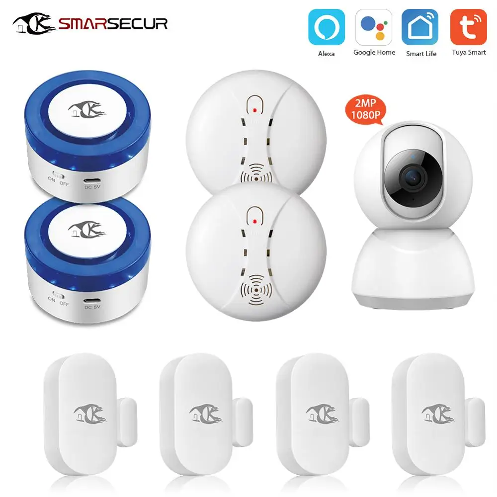 SMARSECUR Home wifi Security alarm siren WiFi Smart Siren Tuya Smart Wrok with 1080P WiFi Camera