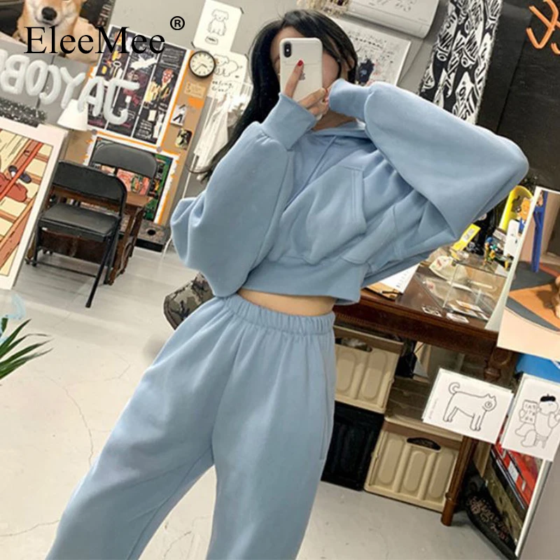 

EleeMee Women Tracksuit Women Two Piece Set 2022 Autumn And Winter Velvet Thick Loose Female Hooded Sweater And Pants Size S-L