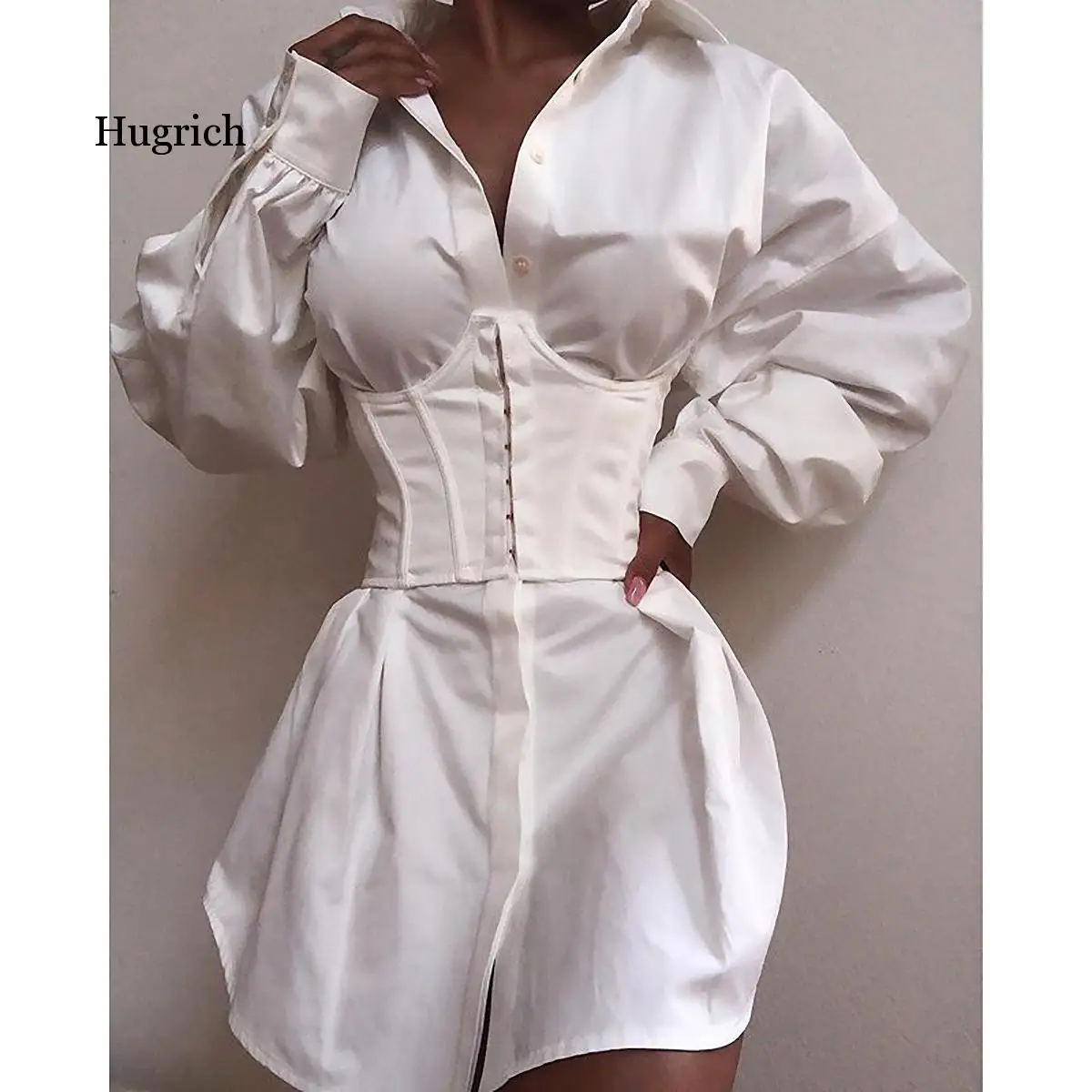 

Batwing sleeve white mini dress Women casual office lady pleated shirt dress Bandage party club bodycon elegant dress