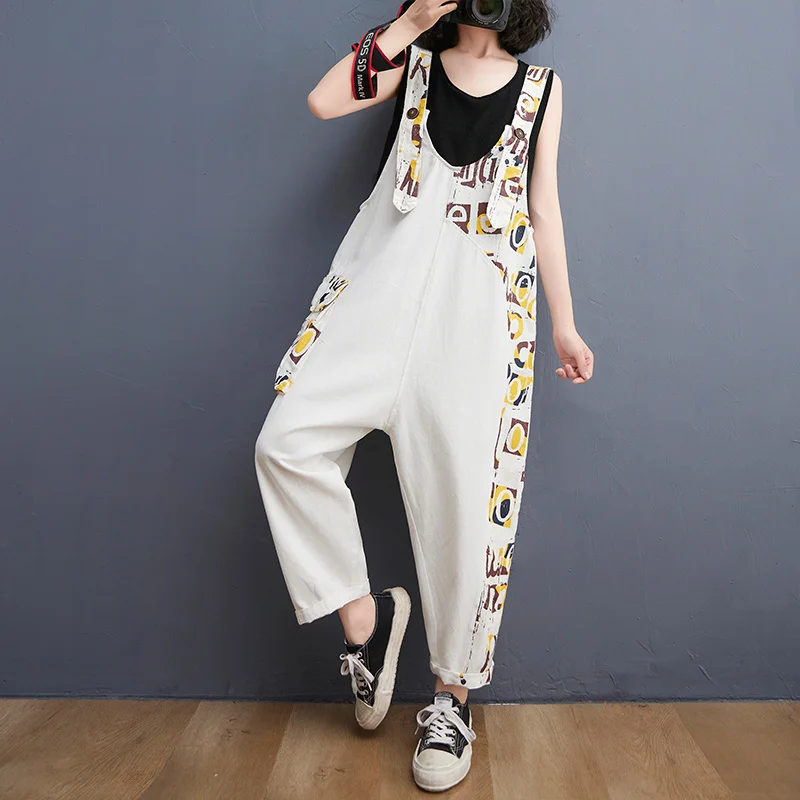 #2387 Black White Rompers Womens Jumpsuit Ankle-length Loose Spliced Color Denim Overalls For Women Harem |