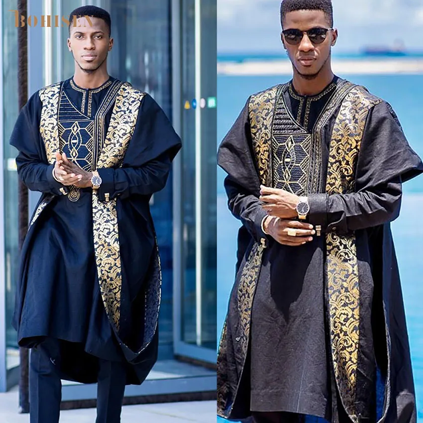 BOHISEN новинка 2019 африканская мужская одежда с принтом Bazin Agbada 3 предмета Boubou